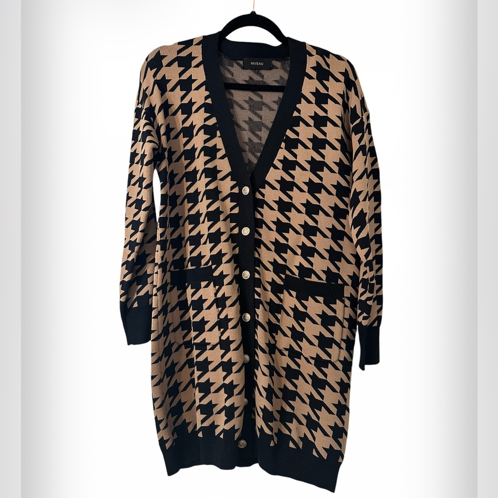 Brown and Black Houndstooth Cardigan sweater/dress gold button • ONE SIZE